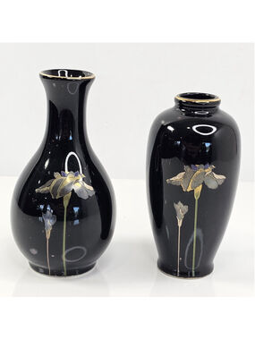 Vintage Otagiri Japan Golden Iris Bud Vase Pair Black Gold Floral Mini Vases